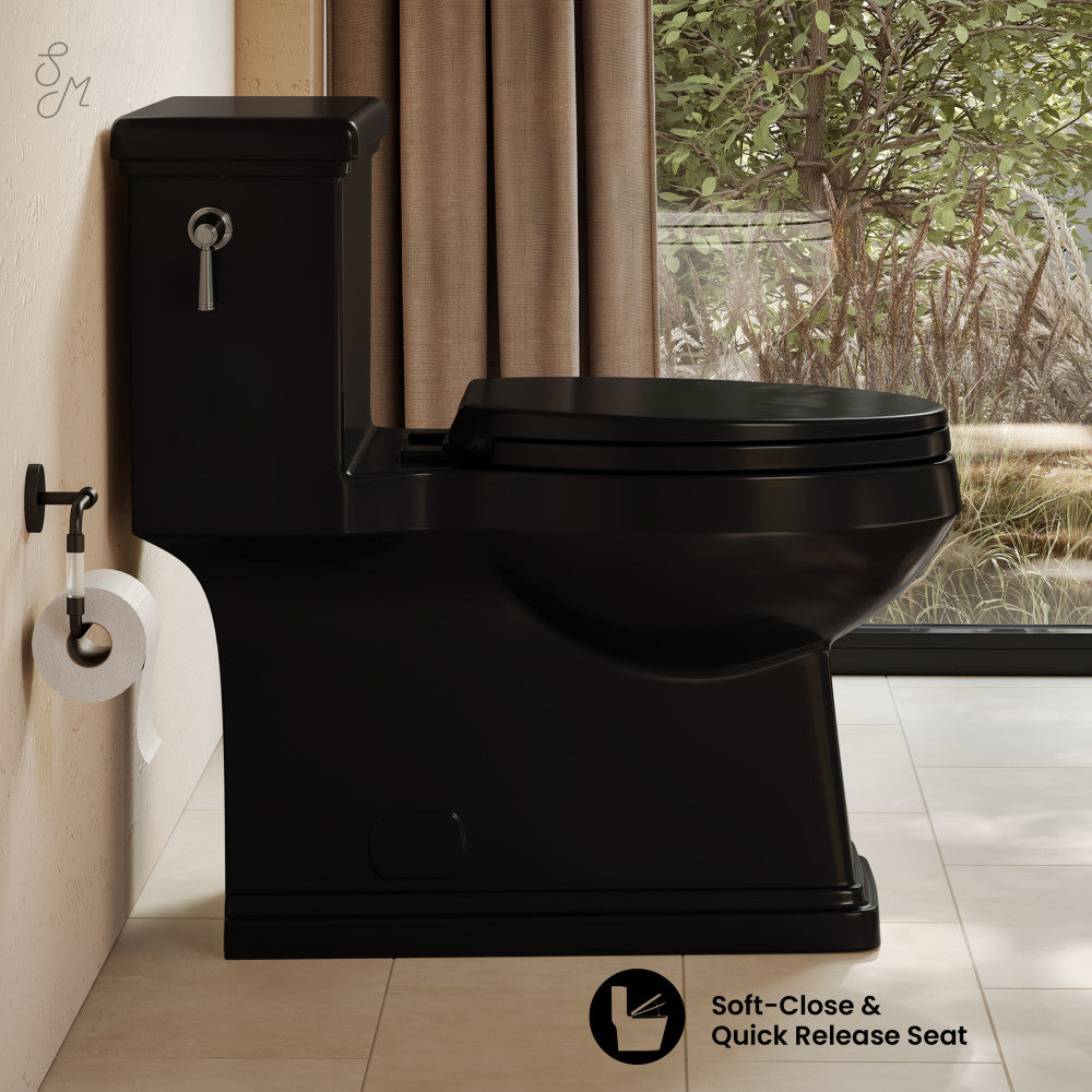 Voltaire II One-Piece 12" Rough-in 1.28 GPF Left-Hand Flush ADA Elongated Toilet in Glossy Black, Nano-Glaze