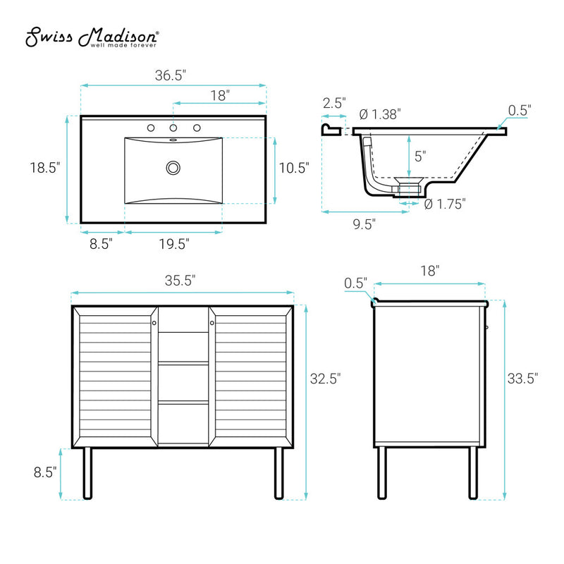 Bron 36" Freestanding Bathroom Vanity in White Oak with 3-Hole Widespread Sink Top