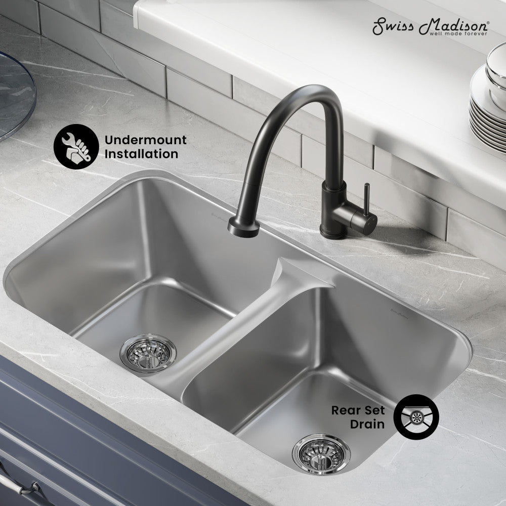 Toulouse 29 x 18 stainless steel undermount kitchen sink with dual basins and rear set drains.