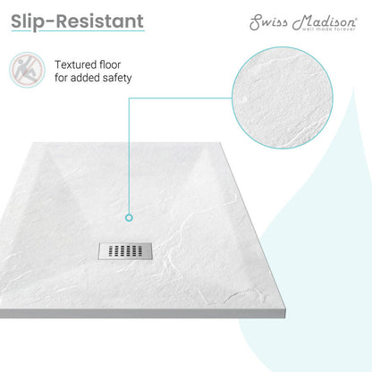 60-inch by 32-inch rectangular shower base with textured slip-resistant floor and square drain in center.