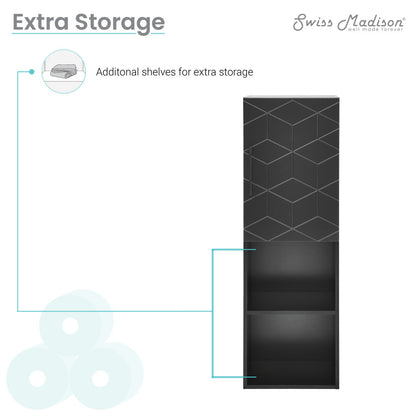 15" W wall-mount linen cabinet in phantom black with soft-close doors and open storage shelf.