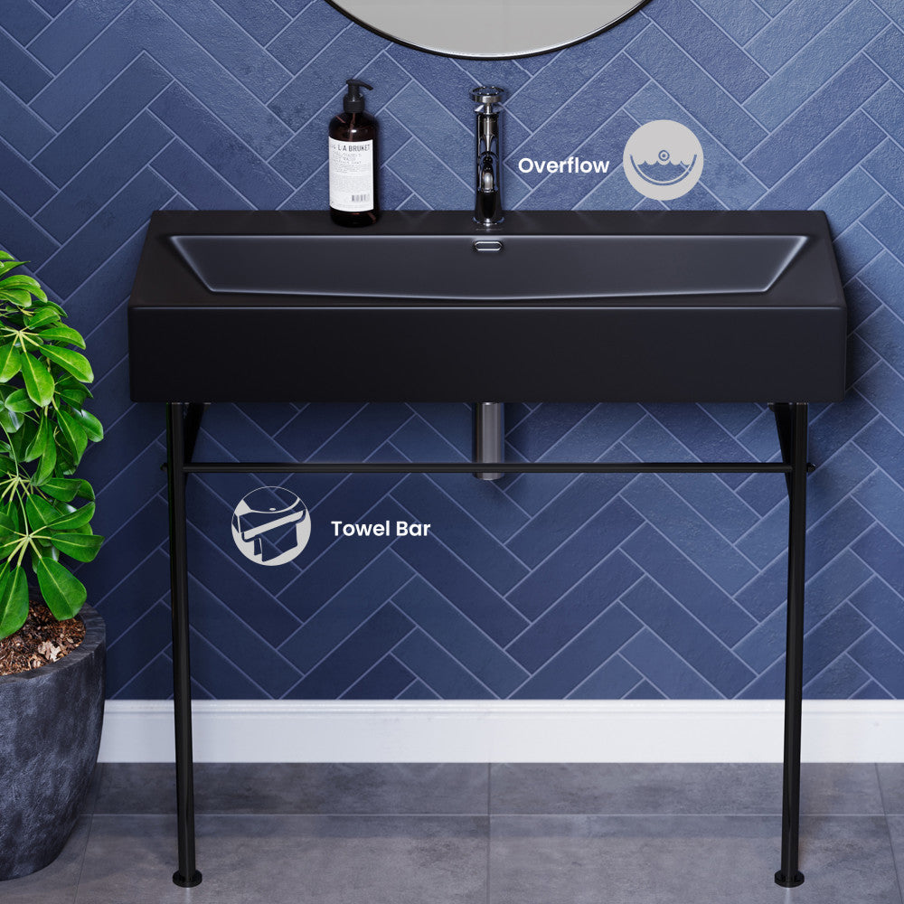 Claire 40 Ceramic Console Sink Matte Black Basin Black Legs