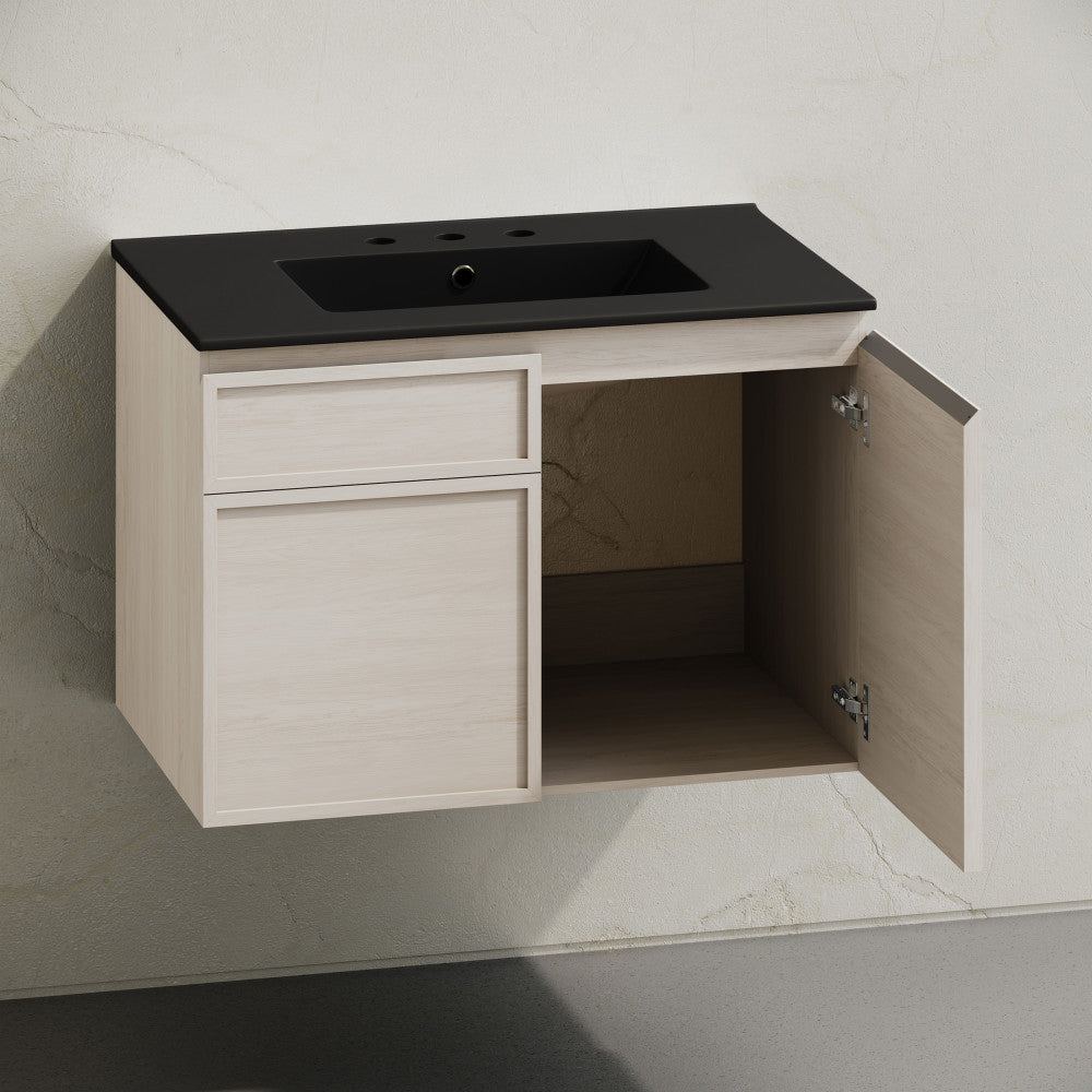 St. Tropez 30" Wall-Mounted Bathroom Vanity in White Oak with Black 3-Hole Widespread Sink Top