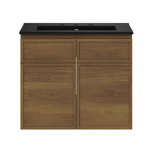 St. Tropez 24" Wall-Mounted Bathroom Vanity in Brown Oak with Black 3-Hole Centerset Sink Top