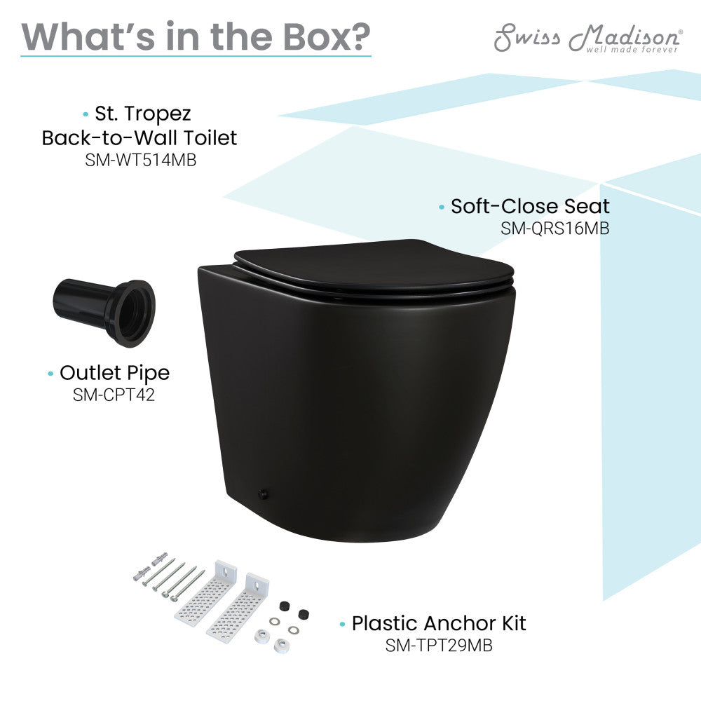 Elongated back-to-wall toilet bowl in matte black with soft-close seat and included outlet pipe and anchor kit.