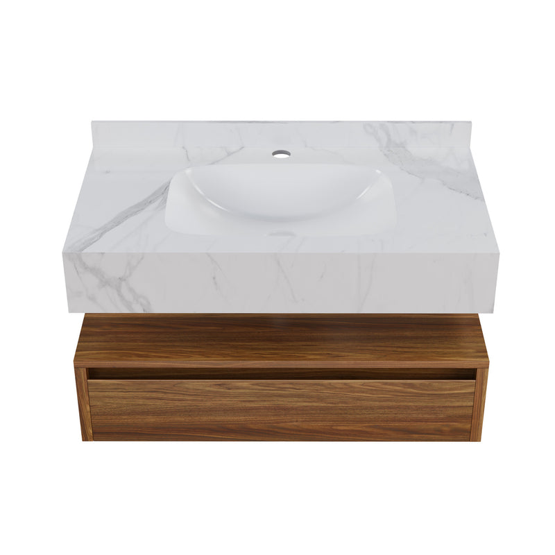 Avancer 36" Wall-Mounted Bathroom Vanity in Brown Oak with White Marble Sink Top