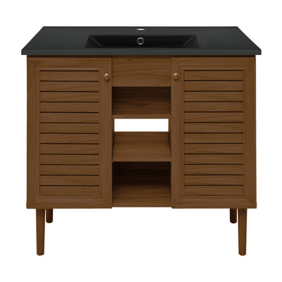 Bron 36" Freestanding Bathroom Vanity in Brown Oak with Black Sink Top