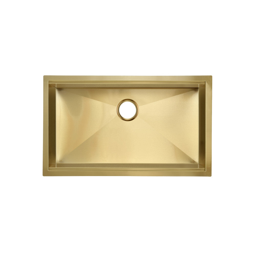 18-gauge polished gold undermount kitchen sink, single basin, rectangular design with centered drain hole.