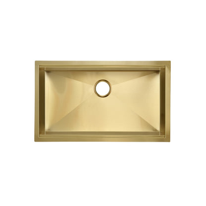18-gauge polished gold undermount kitchen sink, single basin, rectangular design with centered drain hole.