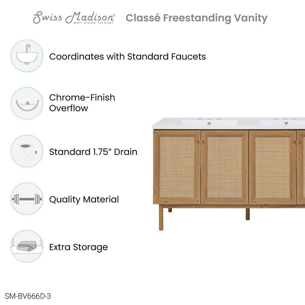 Classe 60" Freestanding Bathroom Vanity in Golden Oak with 3-Hole Widespread Double Basin Sink Top