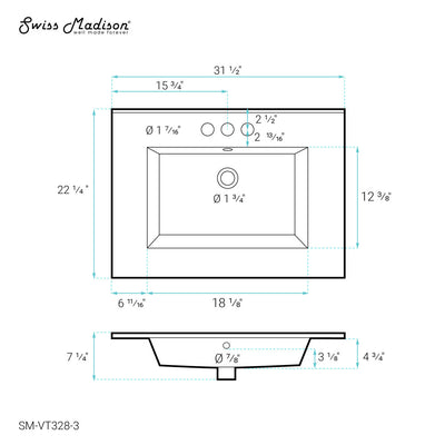 Voltaire 31 Vanity Top Sink with 3 Centerset Faucet Holes