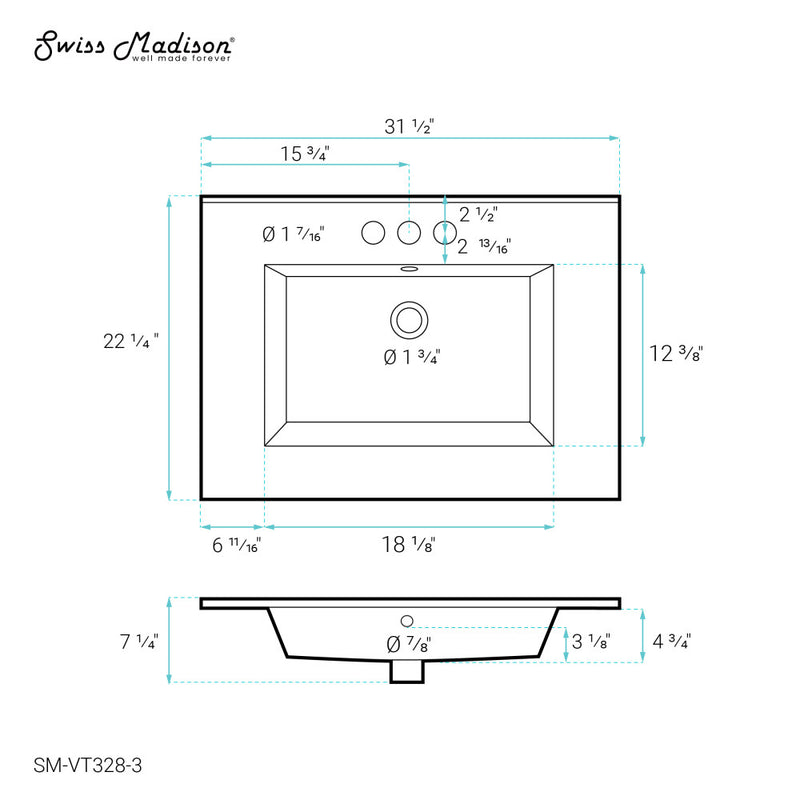 Voltaire 31 Vanity Top Sink with 3 Centerset Faucet Holes