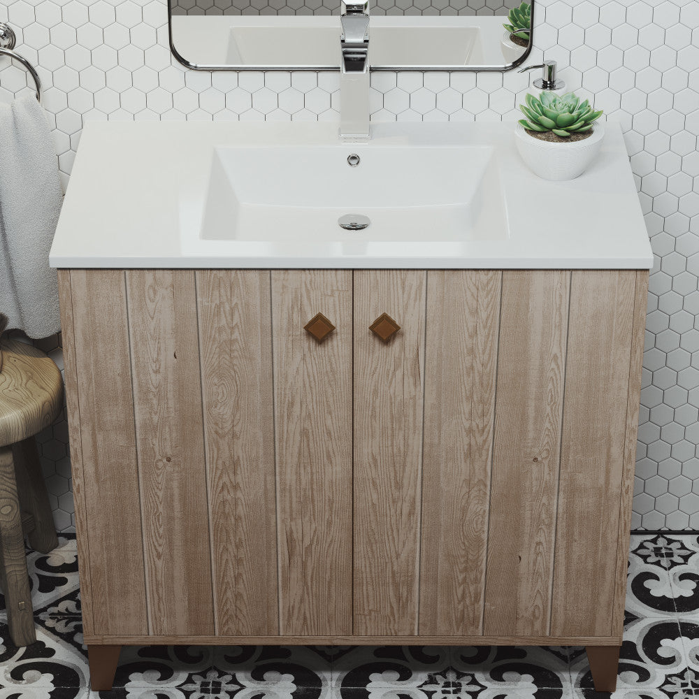 36-inch freestanding gray oak bathroom vanity with sink top and double doors.
