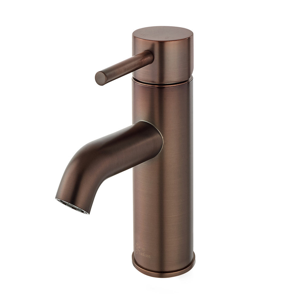 Single-handle bathroom faucet in oil rubbed bronze with a cylindrical spout and lever handle.