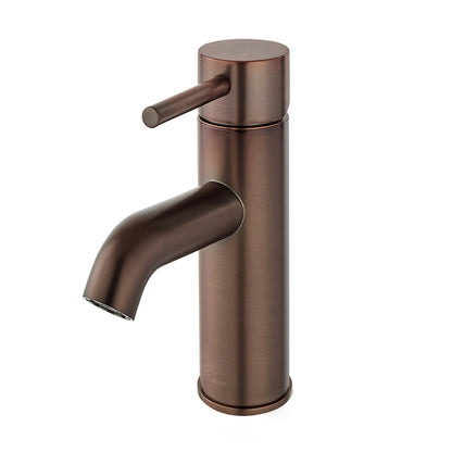 Single-handle bathroom faucet in oil rubbed bronze with a cylindrical spout and lever handle.