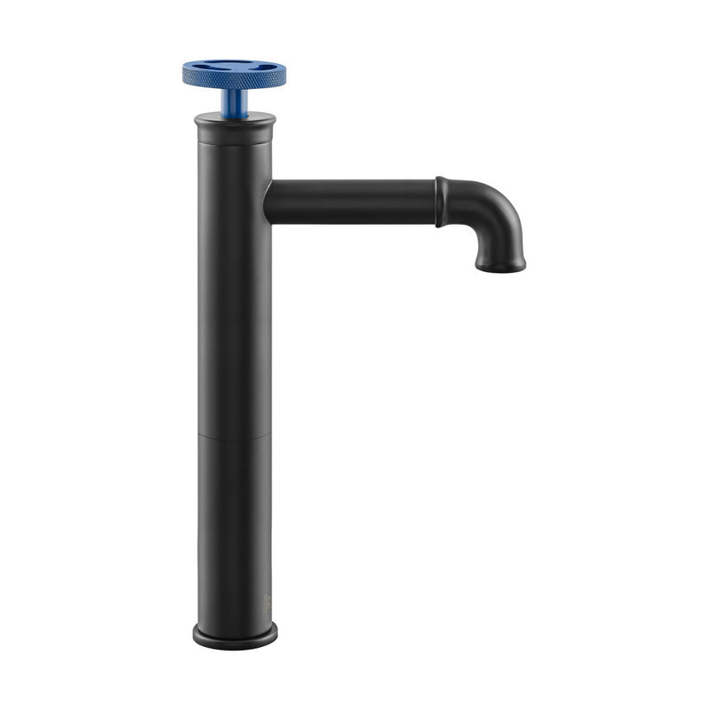 Avallon Single Hole, Single-Handle Wheel, High Arc Bathroom Faucet in Matte Black with Blue Handles