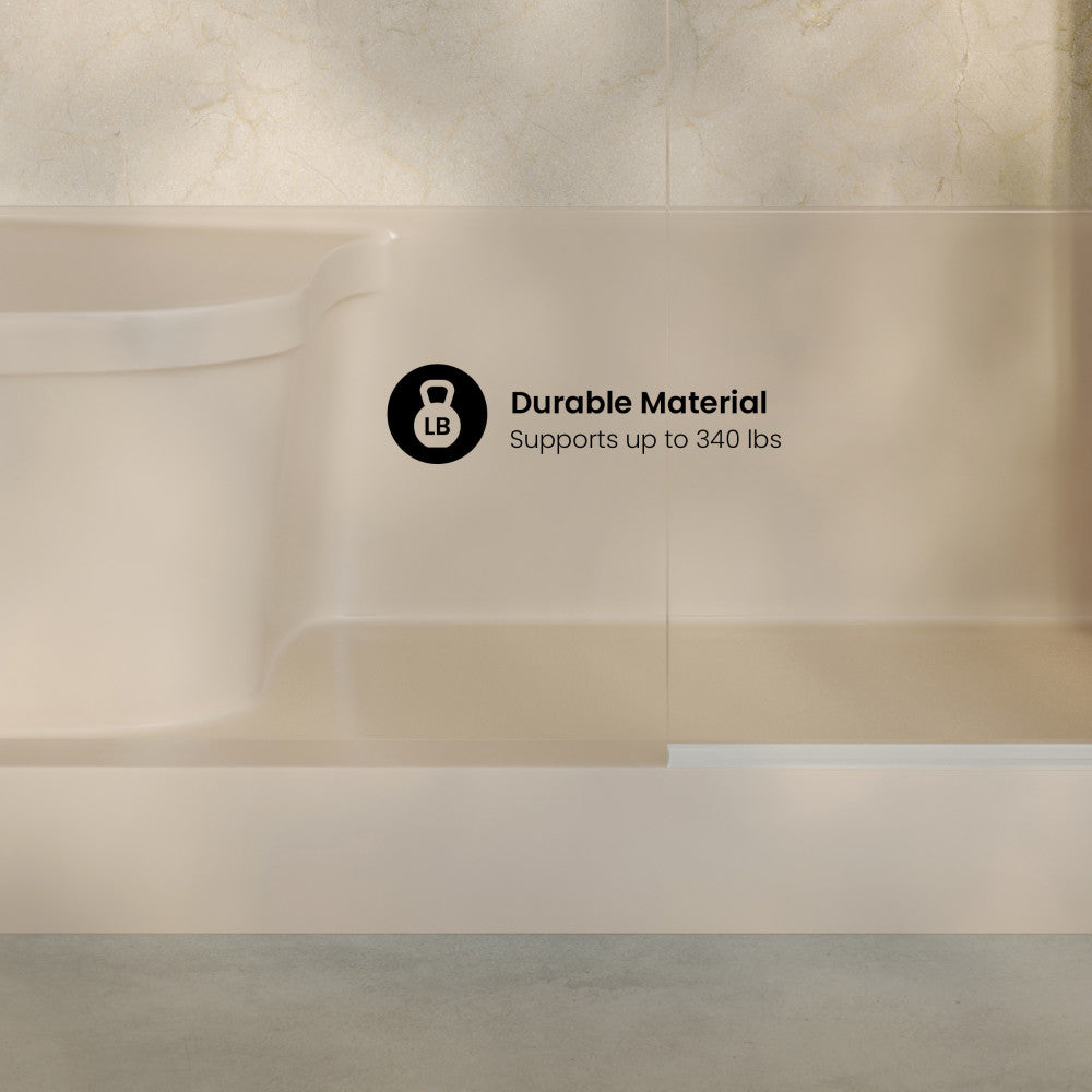 Aquatique 60" x 32" Single Threshold Shower Base With Right Hand Drain and Integral Left Hand Seat in Biscuit