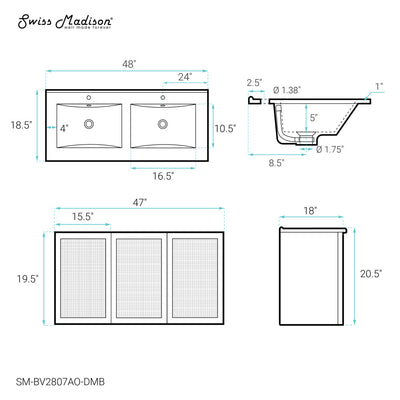 Classe 48" Wall-Mounted Bathroom Vanity in Black Oak with Black Double Basin Sink Top