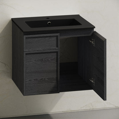 St. Tropez 24" Wall-Mounted Bathroom Vanity in Black Oak with Black Sink Top