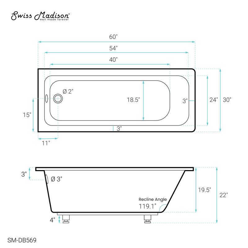 Voltaire 60" x 30" Reversible Drain Drop-In Bathtub