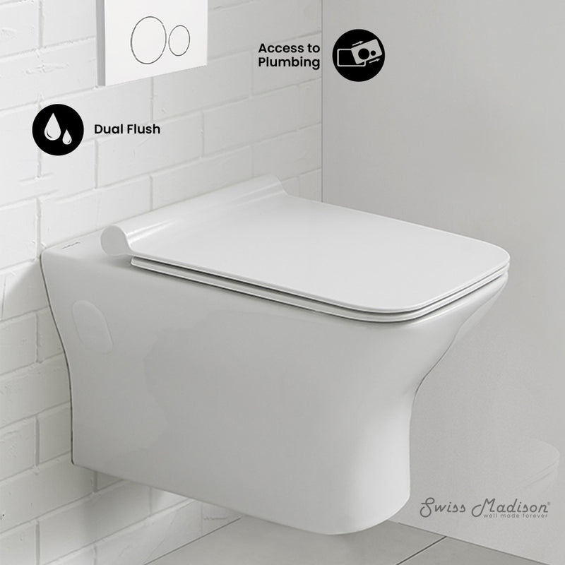 Carre Wall-Hung Toilet Bundle 0.8/1.6 GPF Dual Flush in Glossy White with White Flush Plate