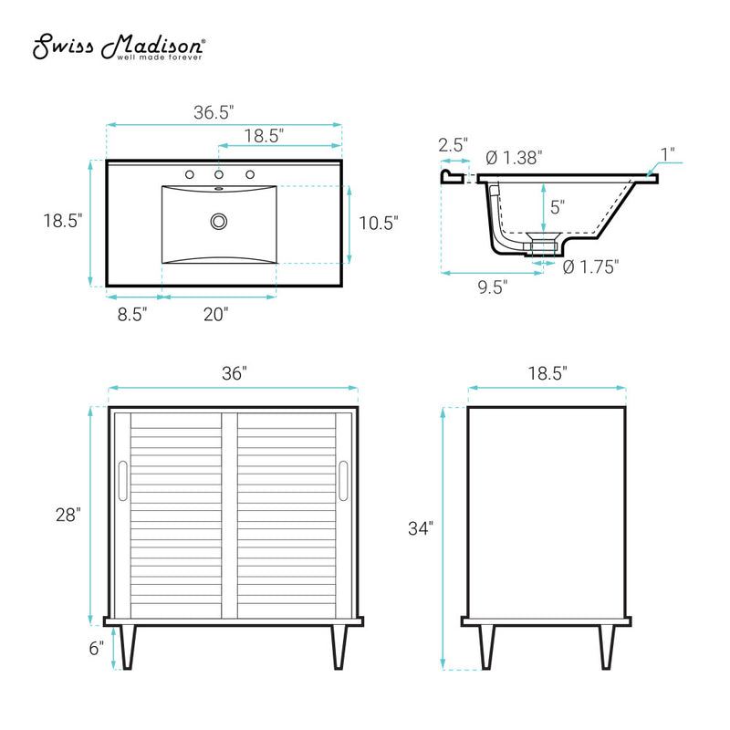 Delice 36" Freestanding Bathroom Vanity in Natural Oak with 3-Hole Widespread Sink Top