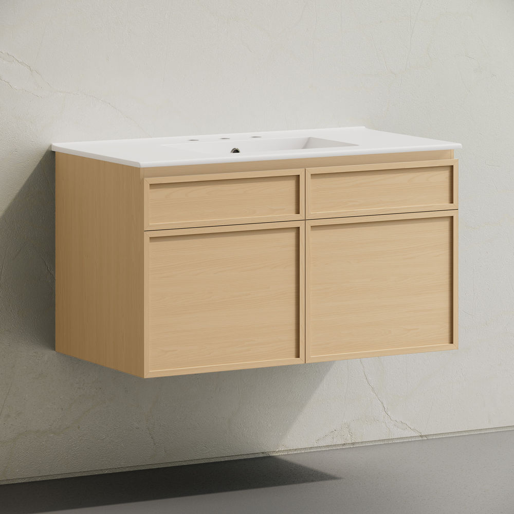 St. Tropez 36" Wall-Mounted Bathroom Vanity in Natural Oak with 3-Hole Widespread Sink Top