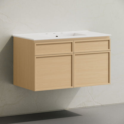 St. Tropez 36" Wall-Mounted Bathroom Vanity in Natural Oak with 3-Hole Widespread Sink Top