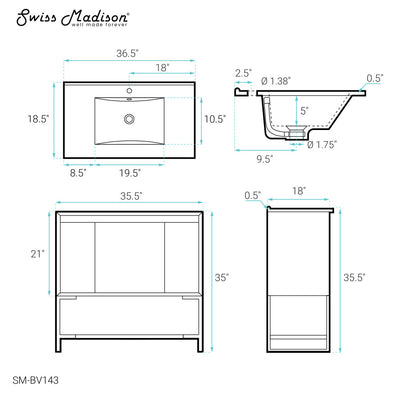 Marseille 36" Freestanding Bathroom Vanity in Gray Oak with Sink Top