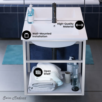 Pierre 24" Open Shelf Chrome Frame Wall-Mounted Bathroom Vanity with Sink Top