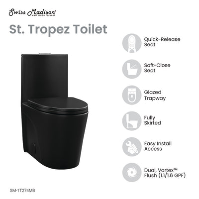 St. Tropez One Piece Elongated Toilet Dual Vortex Flush 1.1/1.6 gpf with 10" Rough-In, Matte Black