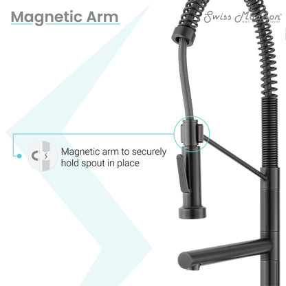 Single handle pull-down kitchen faucet in gunmetal gray with magnetic arm and pot filler.