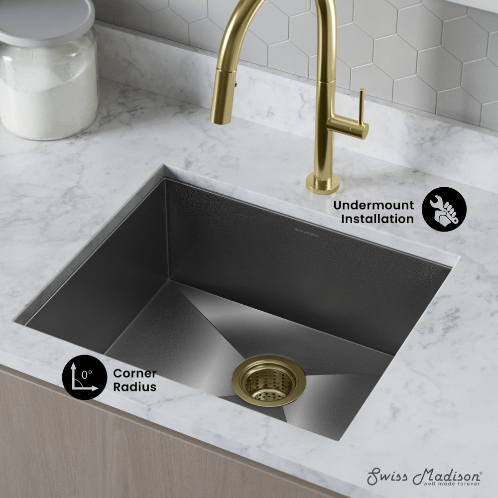21 x 18 black stainless steel undermount kitchen sink, single basin with corner radius and gold drain.