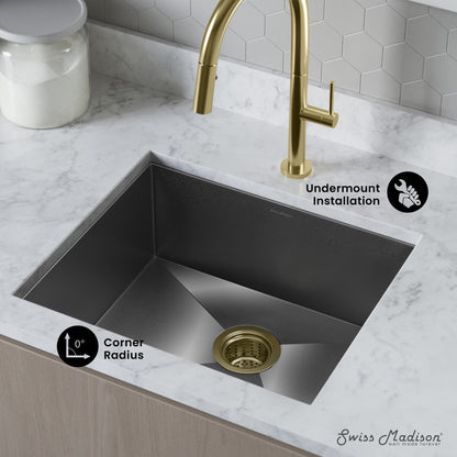 21 x 18 black stainless steel undermount kitchen sink, single basin with corner radius and gold drain.