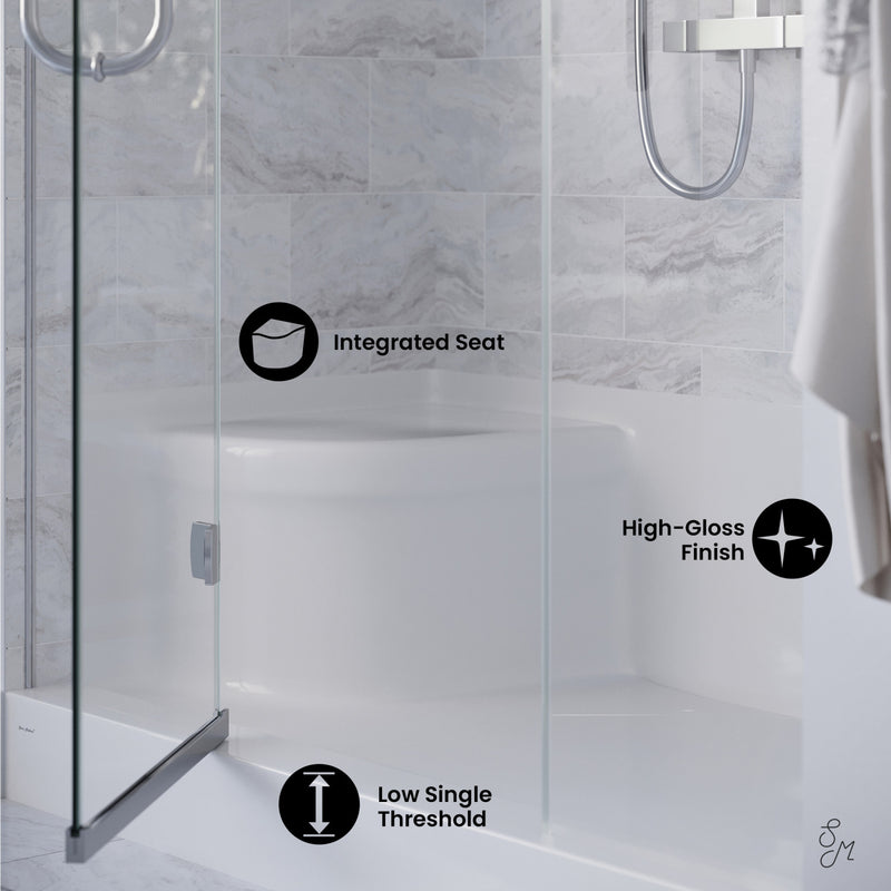 Aquatique 60" x 32" Single Threshold Shower Base With Right Hand Drain and Integral Left Hand Seat in White