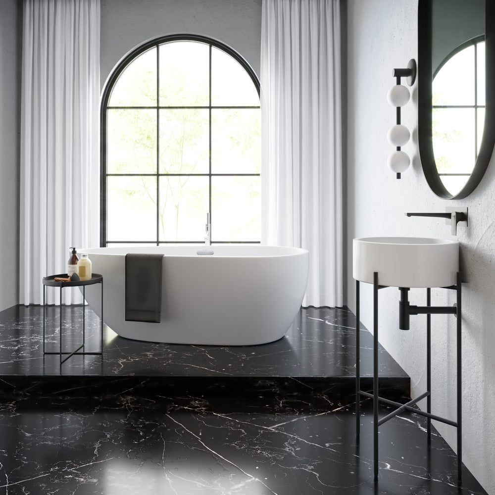 16.5-inch round console sink with white basin and matte black metal legs, wall-mounted bathroom sink.