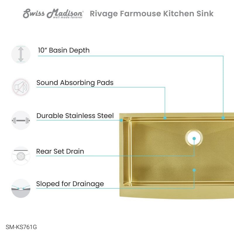 Rivage 36 x 21 Stainless Steel, Single Basin, Farmhouse Kitchen Sink with Apron in Gold