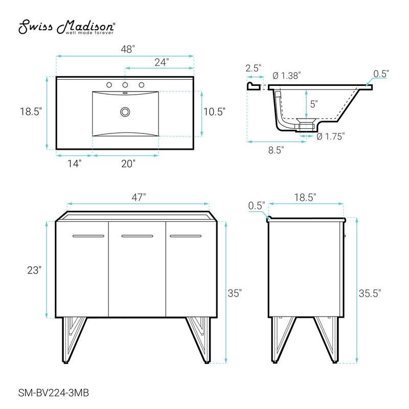 Annecy 48 in. Black Walnut Bathroom Vanity With Black, 3-Hole Ceramic Sink Top