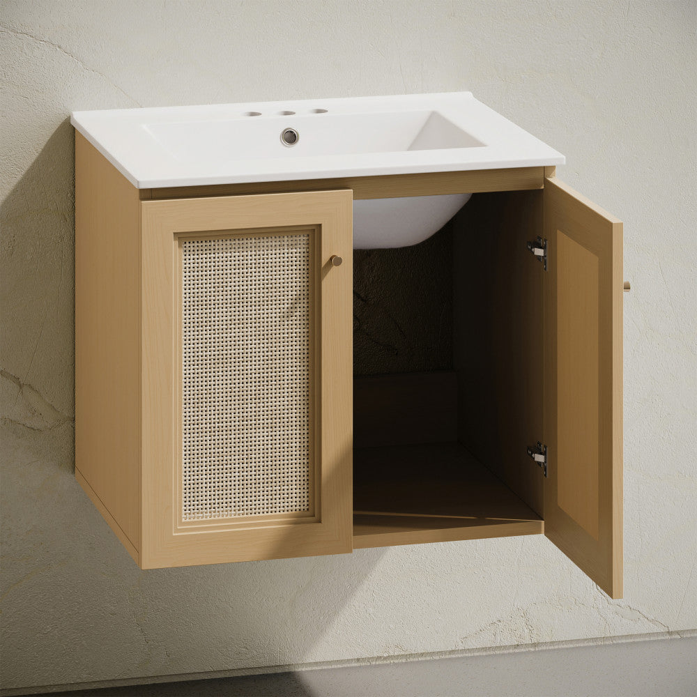 Classe 24" Wall-Mounted Bathroom Vanity in Natural Oak with Centerset Faucet Holes Vanity Top