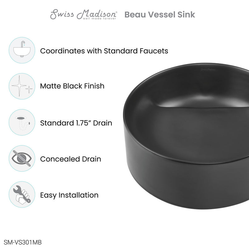 Beau 16.5" Round Vessel Bathroom Sink in Matte Black