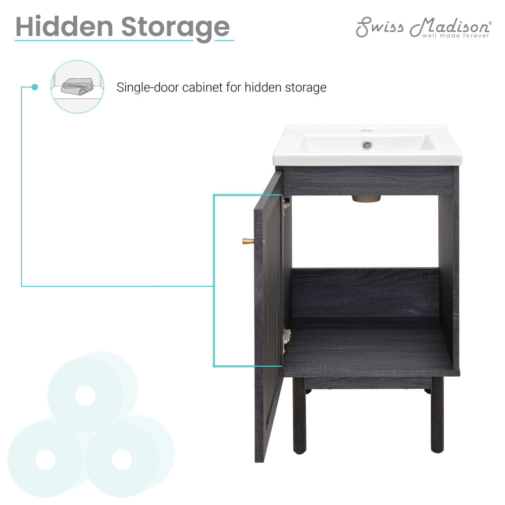 18-inch freestanding bathroom vanity in black oak with single sink and hidden storage cabinet.