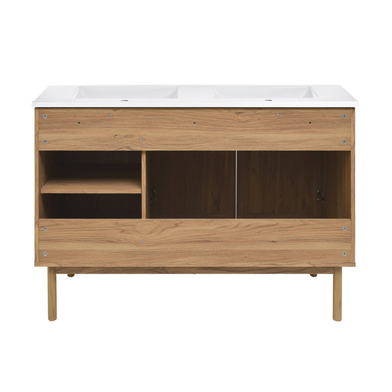 Classe 48 in. Brown Oak, Double Basin Bathroom Vanity With White Ceramic Sink Top