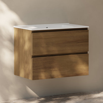 Liberte 30" Wall-Mounted Bathroom Vanity in Brown Oak with Sink Top