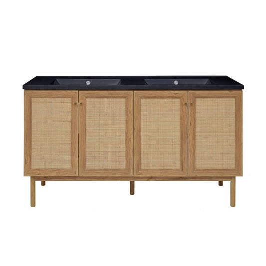 Classe 60" Freestanding Bathroom Vanity in Golden Oak with Black Double Basin Sink Top