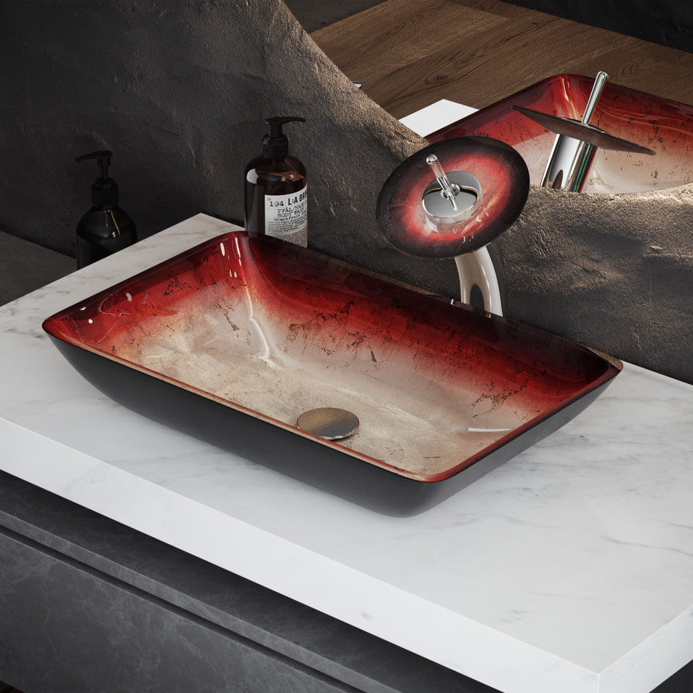 Rectangular glass vessel sink in ember red with single-handle faucet.