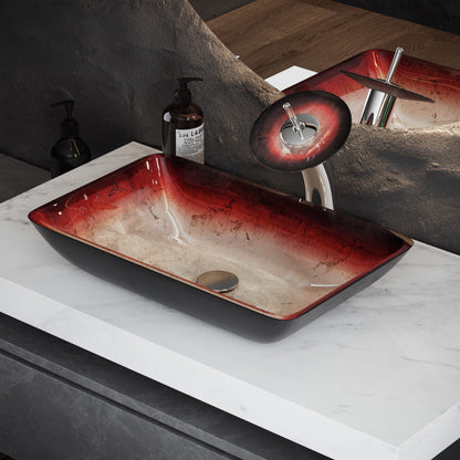 Rectangular glass vessel sink in ember red with single-handle faucet.