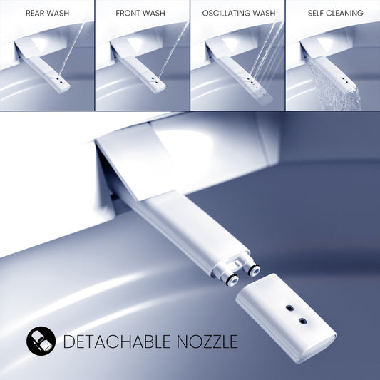 White elongated smart toilet with built-in bidet, detachable nozzle, and touchless dual-flush system.