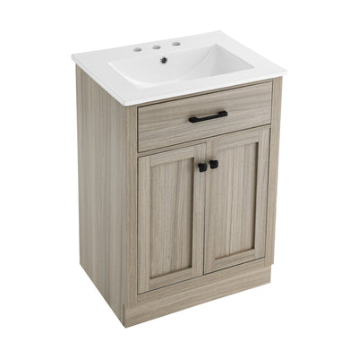 Burdon 24 in. Brown Oak Bathroom Vanity With White, 3-Hole Ceramic Sink Top