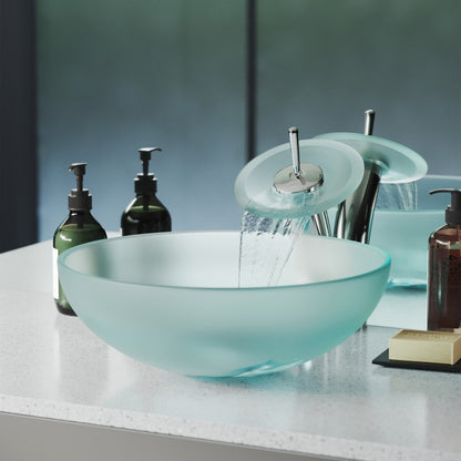 16.5-inch frosted glass vessel sink with single-handle waterfall faucet.