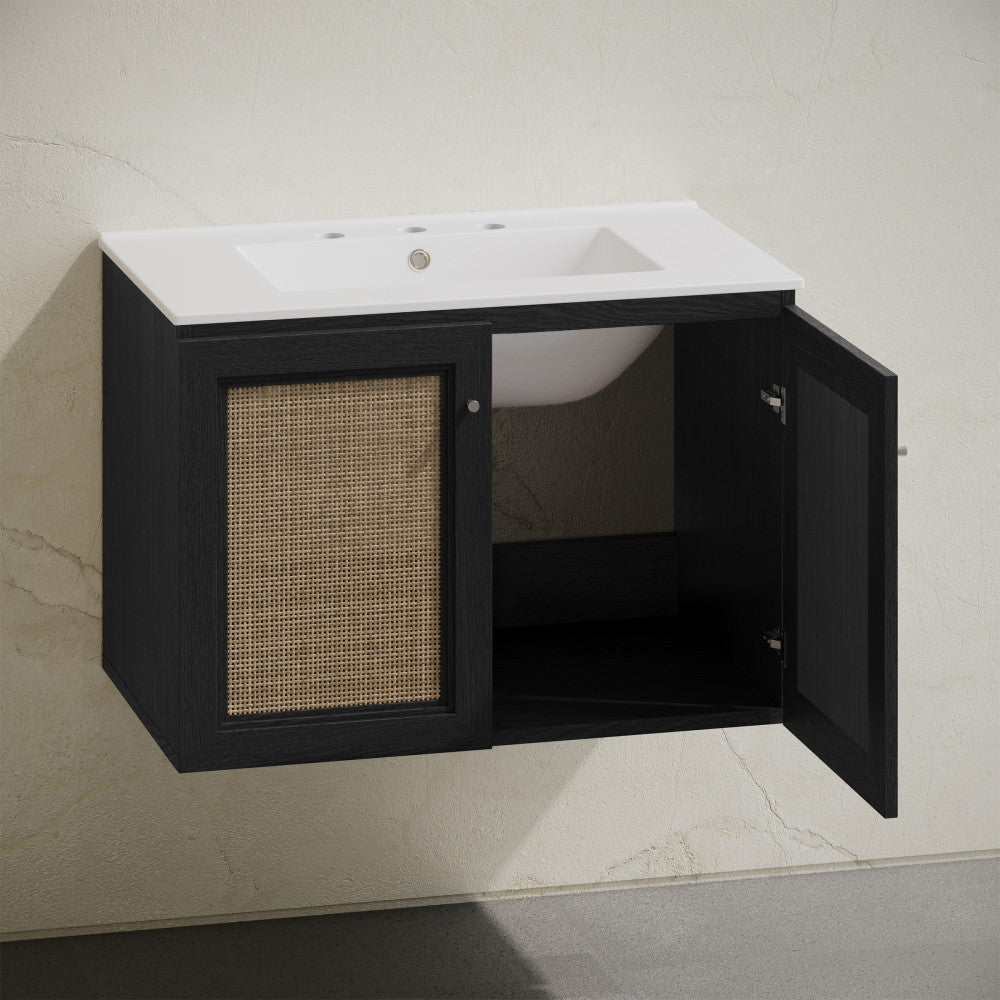 Classe 30" Wall-Mounted Bathroom Vanity in Black Oak with Widespread Faucet Holes Vanity Top
